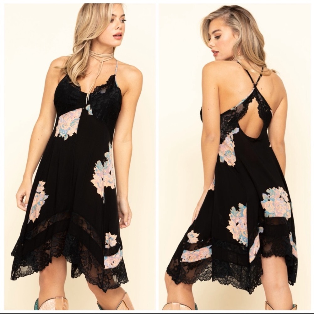 Free People Black Mini Dress with Pastel Floral Panels